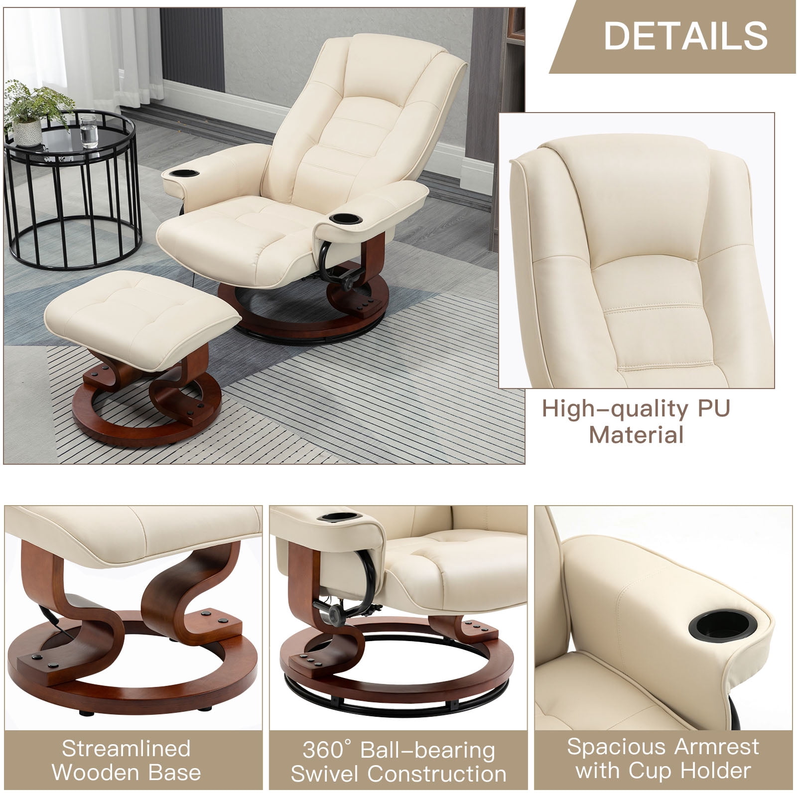 AVAWING Massage Recliner Chair with Ottoman, 360° Swivel PU Leather Reclining Chair, Beige
