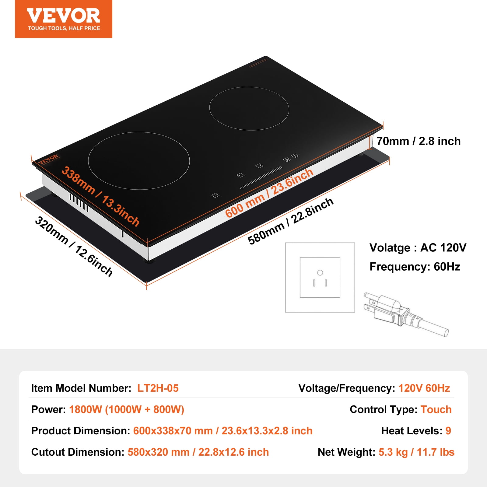VEVOR Electric Cooktop, 24 inch 2 Burners Built-in Electric Stove Top, 1800W Ceramic Top Radiant Cooktop with Glass Panel, Touch Control,Timer, Child Lock, 9 Heat Level,Residual Heat Indicator,120V