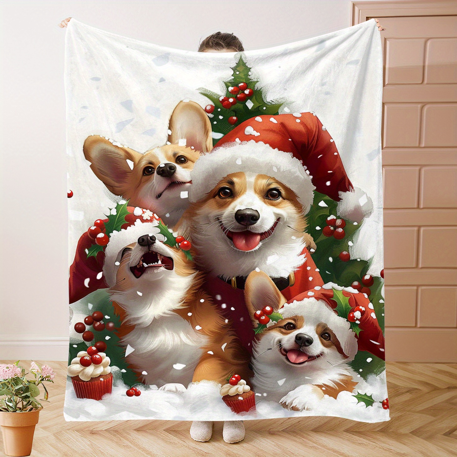 1pc Christmas Corgi Dog Pattern Flannel Throw Blanket, Soft Quilted Polyester Knit, Digital Print Cozy Blanket for Couch, Bed, Office, Travel, and Camping - Versatile All-Season Comfort