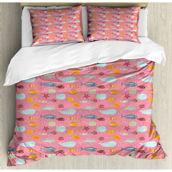 Fish Duvet Cover Set Queen Size, Doodle Nursery Marine Theme with Pufferfish Clownfish Whale Dolphins Swimming on Pink, Decorative 3 Piece Bedding Set with 2 Pillow Shams, Multicolor, by Ambesonne