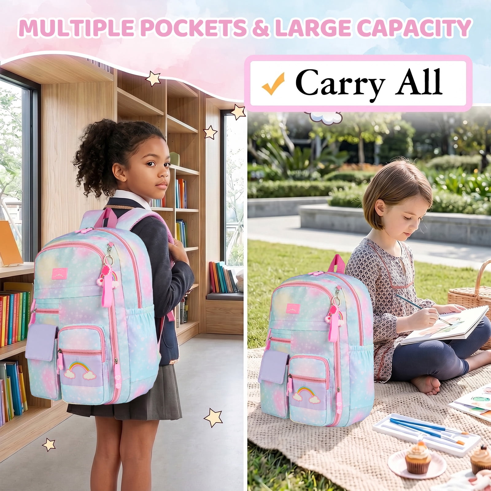 DAKIMOE School Backpack Starry Rainbow Bookbag Cute Large Capacity Backpack Multifunction Fashion Casual Laptop Travel Daypacks Kawaii Bag For Teens Students, Blue, 17 inch