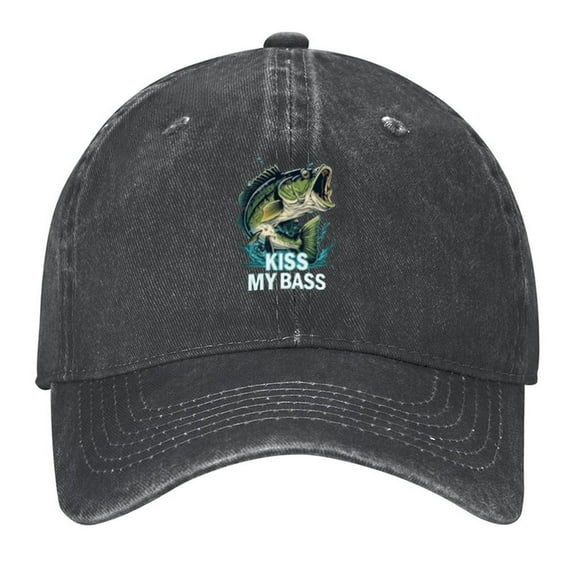 Fishing Cap Kiss My Bass Print Vintage Wash Dad Hat Adjustable Curved Brim Baseball Cap,Casual Outdoor Sports Fishing Cap for Men and Women