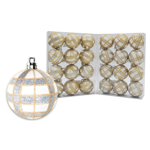 24 Pack of White Ball Ornament with Gold and Silver Plaid Glitter Enhancements