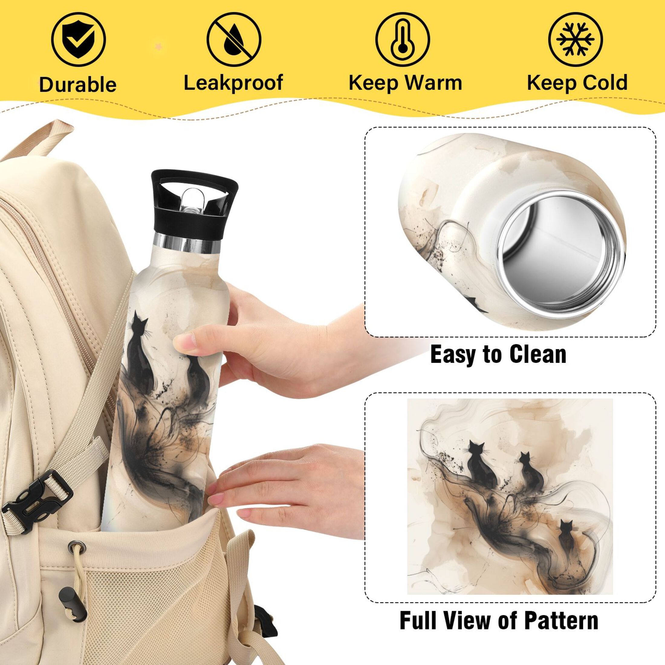 Kids Insulated Stainless Steel Sports Water Bottle 600ml (20oz) Beige and Black Swirling Shapes