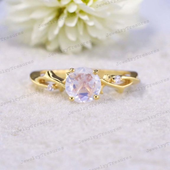 Vintage Moonstone Ring Yellow Gold Plated Engagement Ring Diamond Twig Leaf Jewelry for Women June Birthstone Customized Ring Gift for Her
