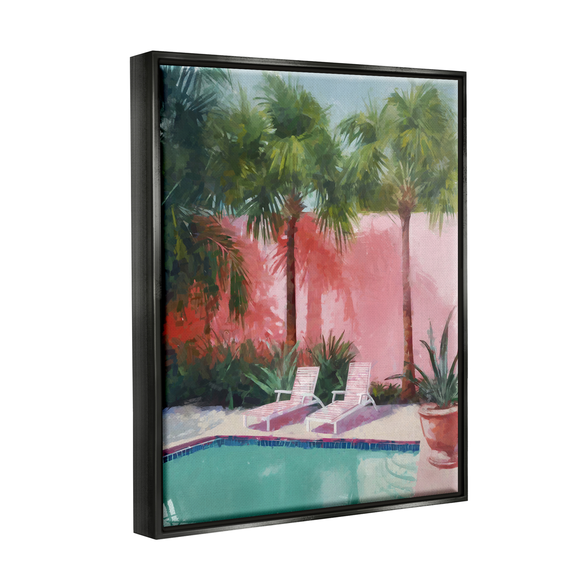 Stupell Industries Tropical Summer Pool Botanical & Floral Painting Black Floater Framed Canvas Art Print Wall Art, 17 x 21