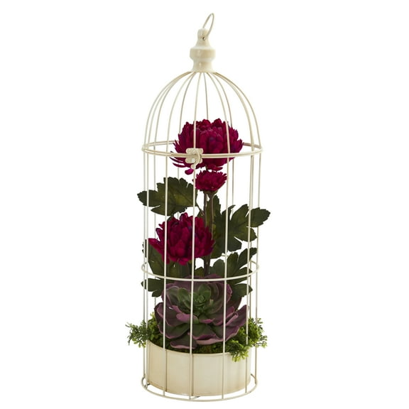 Nearly Natural 24in. Mum and Echeveria Artificial Arrangement in Decorative Cage, Pink