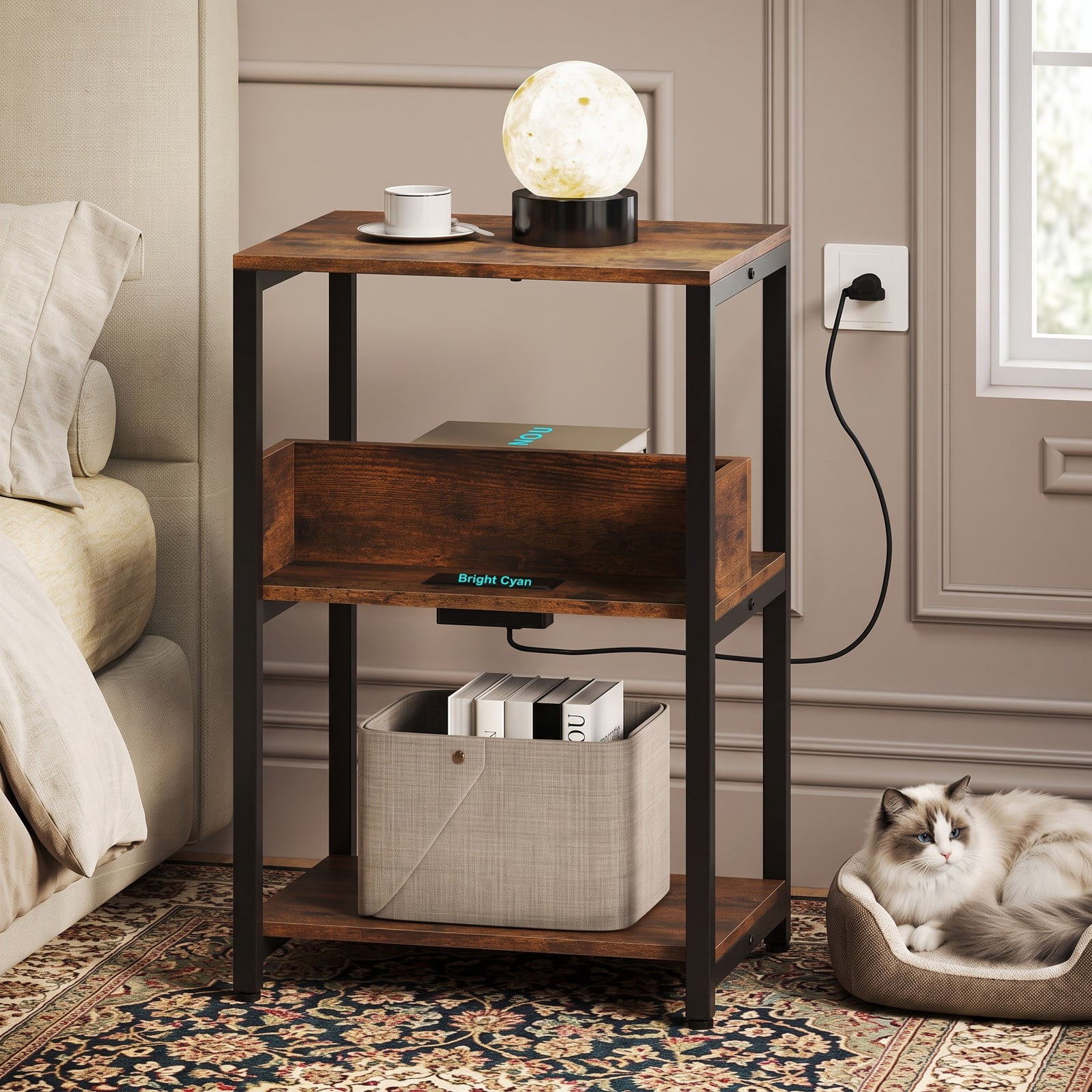 Furnibear Side End Table with Charging Station, 3-Tier Nightstand with 2 AC Outlets, USB & Type-C Ports, Open Shelves Sofa Side Table for Living Room, Rustic Brown