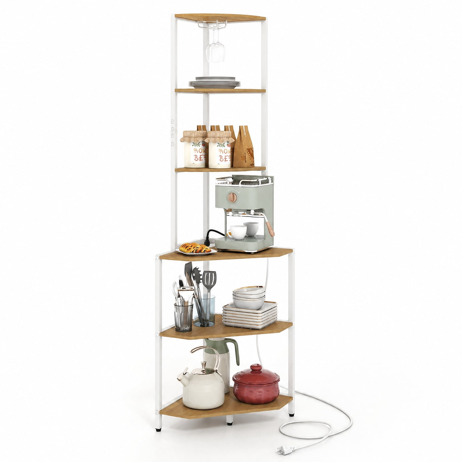 Furnibear 65 Inch 6-Tier Corner Shelf with Charging Station and Ambience Light for Living Room Home Office Bedroom Display Storage Shelf, Natural
