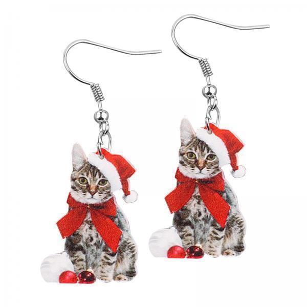 Pendientes para mujer,Adorables aretes navideños con tema de gato colgantes,Lindos aretes navideños con dijes colgantes Joyería para mascotas,Regalo para mujer Favores de fiesta Decoración