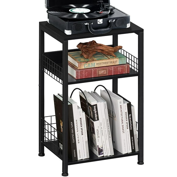 LEBOAHOUS Black Record Player Stand, Tall Turntable Stand with Vinyl Storage Shelf Up to 100 Albums, Couch End Side Table for Small Spaces, Modern Sofa Bedside Tables for Living Room, Bedroom, Office
