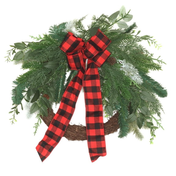 22 in. Artificial Christmas Wreath, Green, Mixed Pine Bow, Pine Cones, Buffalo Plaid Ribbon