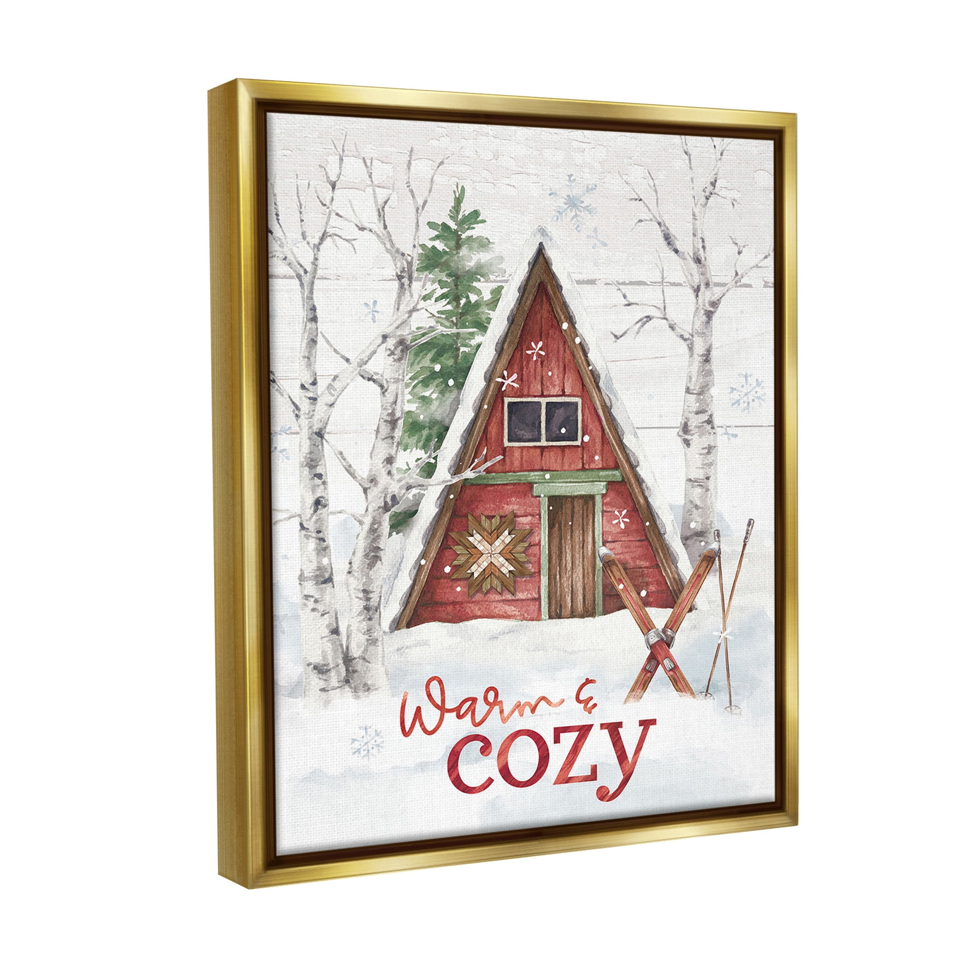 Stupell Industries Warm & Cozy Cabin Holiday Painting Gold Floater Framed Canvas Art Print Wall Art, 17 x 21