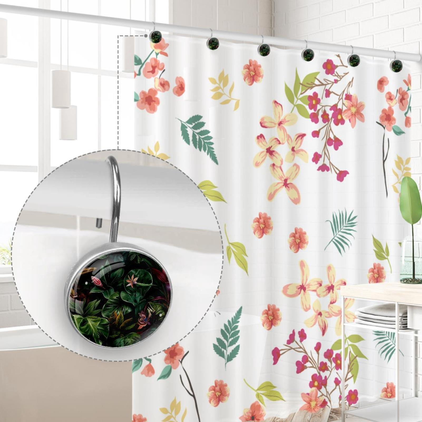 HemaKayy 12 Pcs Decorative Shower Curtain Hooks - Stainless Steel Rings for Bathroom Décor - Easy Glide & Secure Hold - Perfect Decoration for Bathroom Shower Rods - Tropical Plants