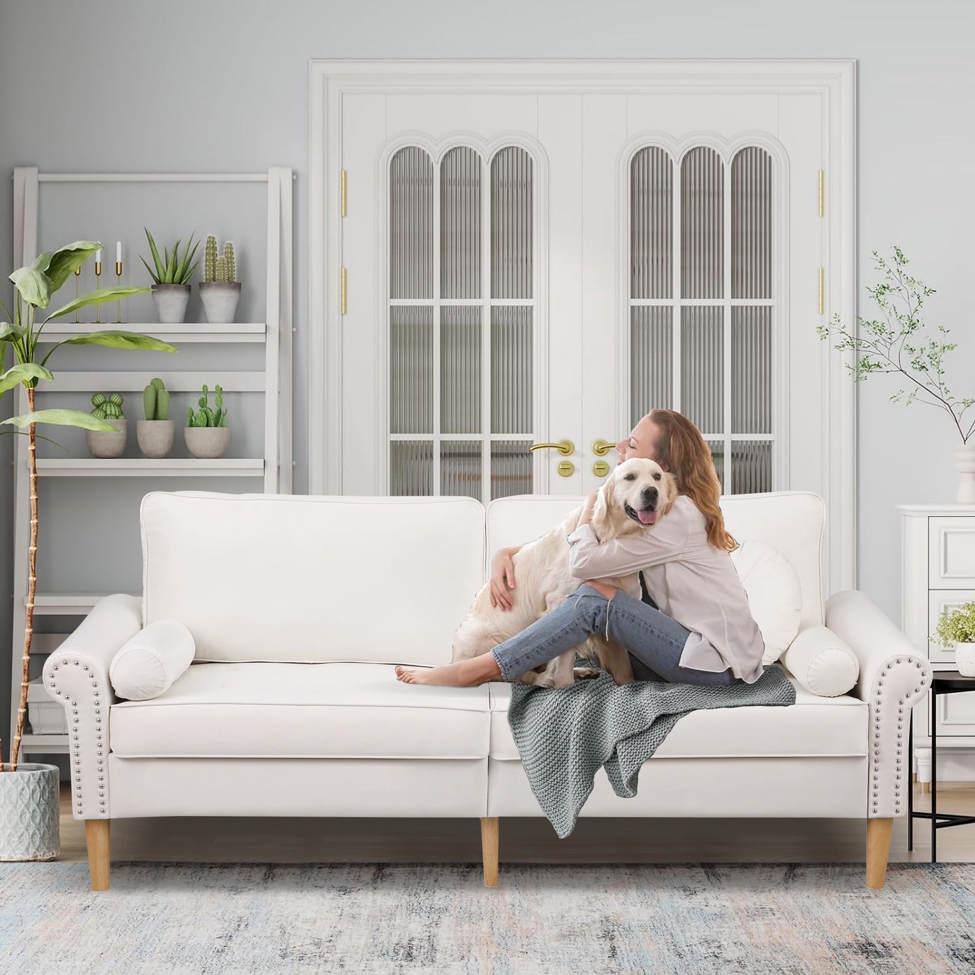 Aukfa 77.2" Sofa Couch, 3-Seater Sofa with Copper Nail and 3 Pillows, Velvet Loveseat for Living Room - White