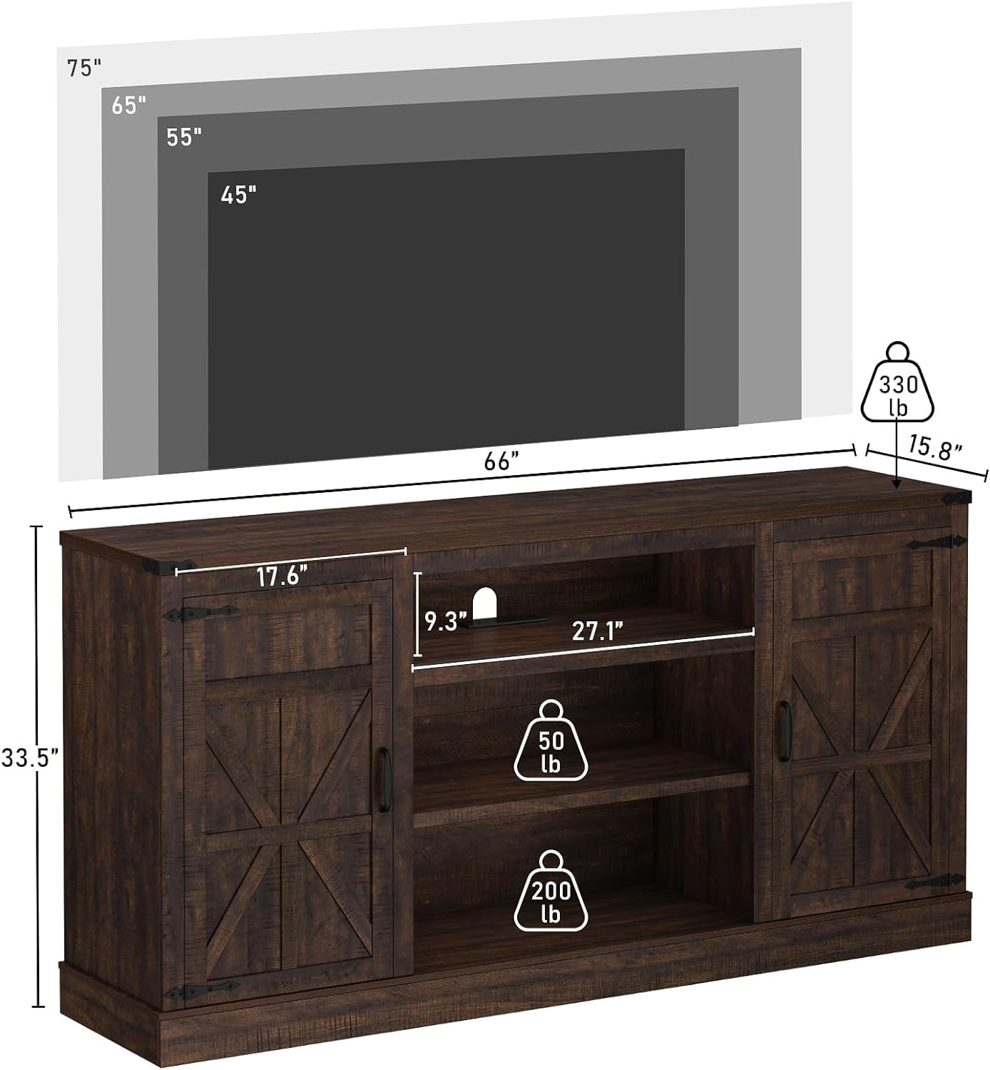 ChVans Farmhouse TV Stand for 65" 70" up 75" TVs with Power Outlet, 33" Tall TV Stand Entertainment Center with Storage, Brown TV Consoles for Living room Bedroom