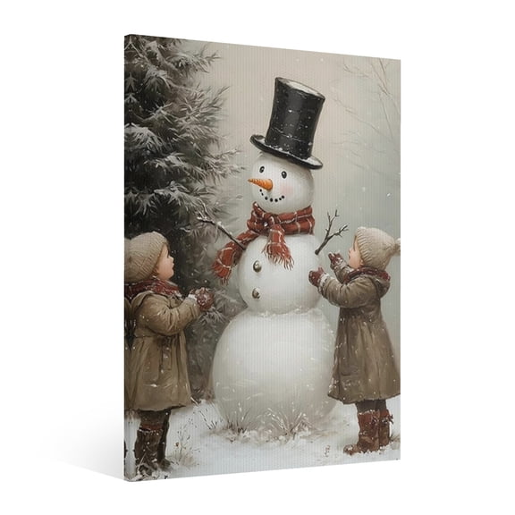 Vintage Christmas Snowman Wall Art Paint Framed - Retro Xmas Festive Winter Holiday Christmas Wall Decor Canvas Print for Living Room Kitchen Bathroom Home Bedroom Decor