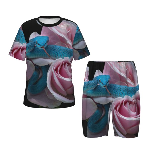 Balery Blue Lipped Pit Viper And Three Pink Roses Conjunto de Pijama Infantil de Manga Corta con Estampado – Ropa de Dormir de Algodón Suave-3X-Large