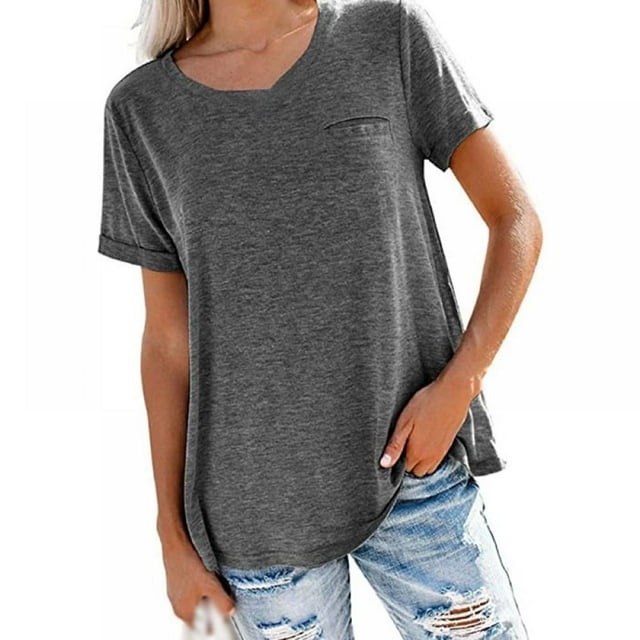 European And American Casual Style Loose Short-Sleeved Pocket Stitching Solid Color Simple And Natural Fashion Ladies Suit Short-Sleeved