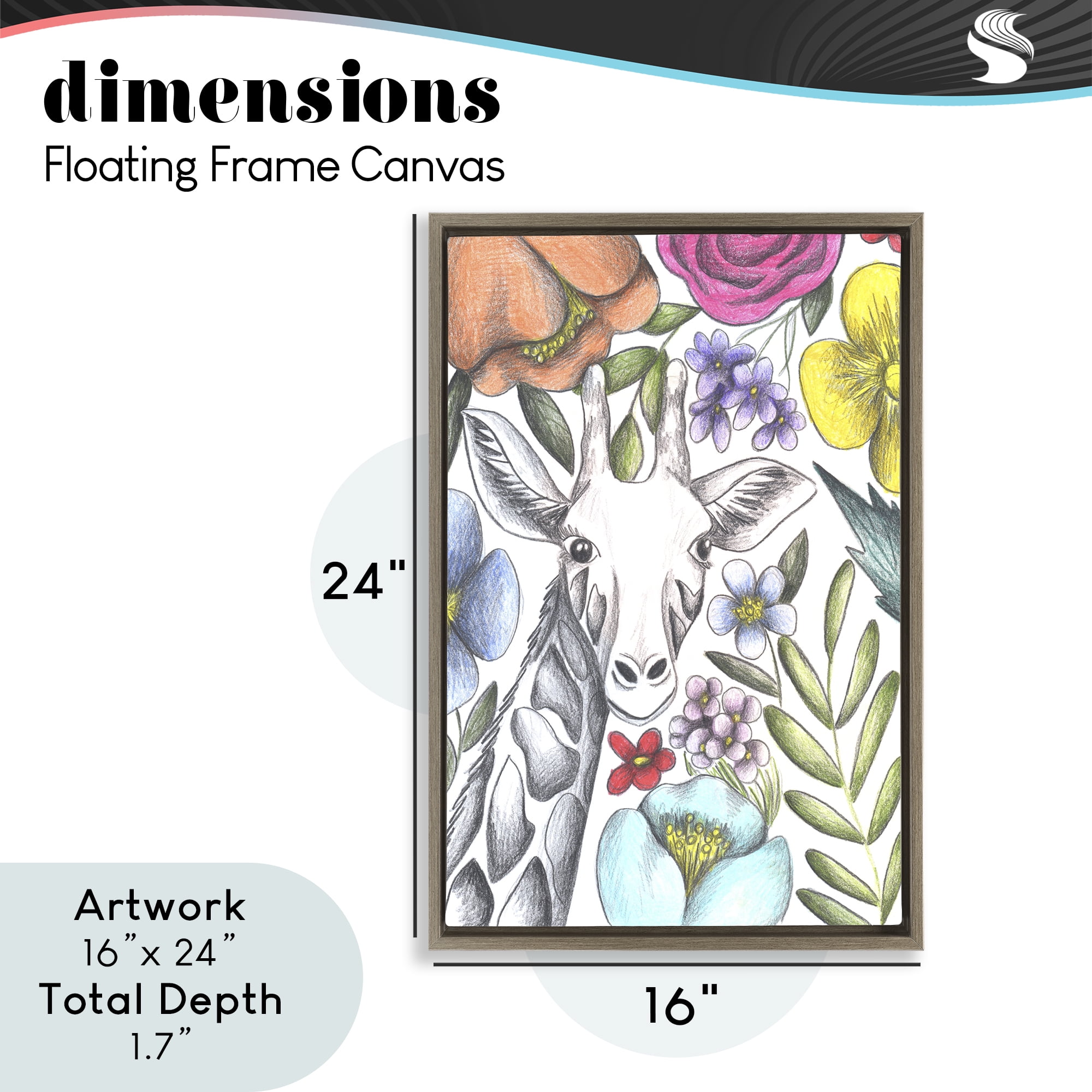 Giraffe In The Midst of Flowers Brown Framed Floater Canvas Wall Art, design by Cecilia Battaini