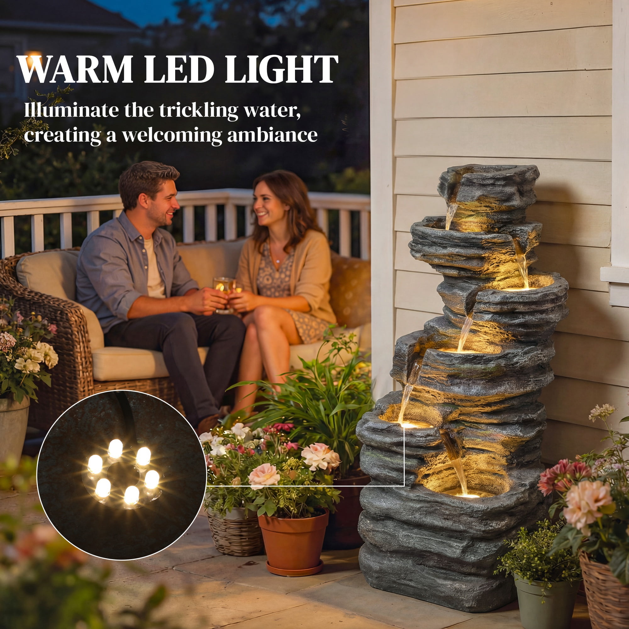 Outsunny 40" Tall Outdoor Waterfall Fountain with LED Lights, 6-Tier Cascading Waterfall Feature with Pump, Gray