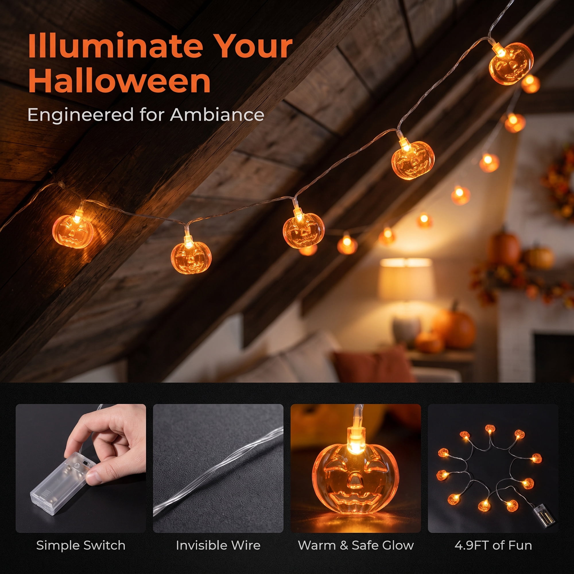 Unique Bargains Jack-O'-Lantern Fairy Lights 4.9 ft Squinting Pumpkin Battery Operated