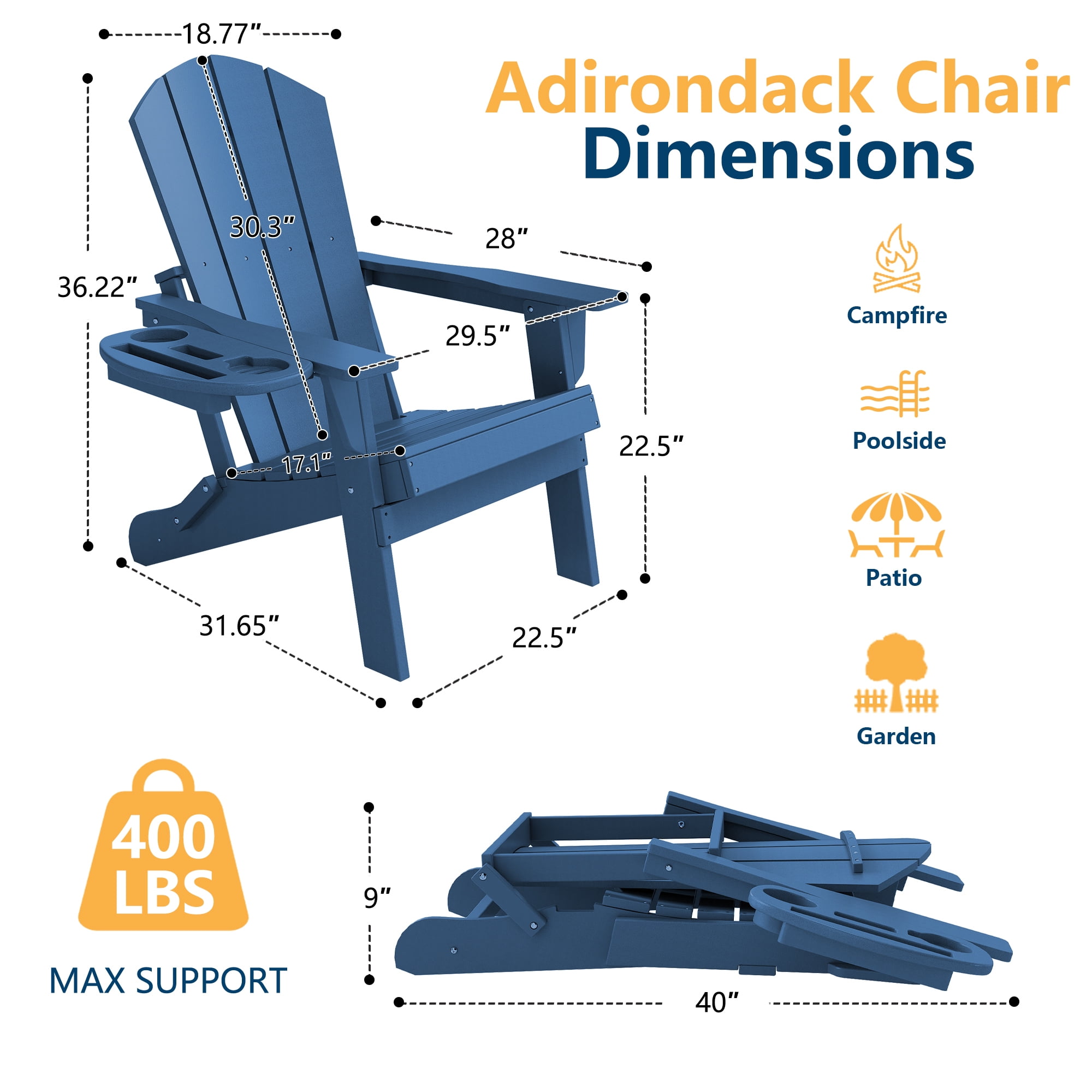 FOOWIN Folding HDPE Adirondack Chairs Set of 4, Blue