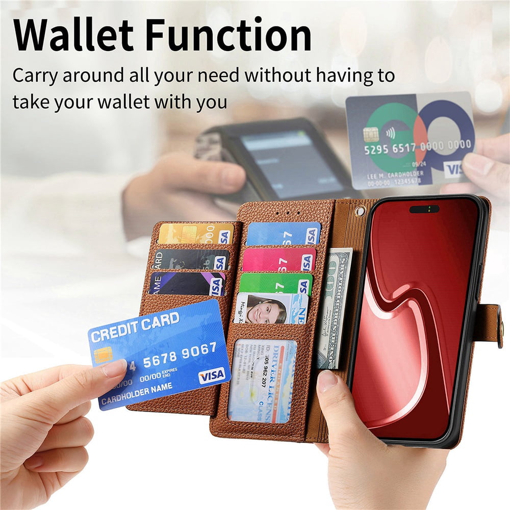 For iPhone 16 Pro Leather Phone Case Wallet Zipper Pocket Pouch Folio Flip Cover Kickstand, Multi Anti-theft Card Holder Cash Slot, Double Magnetic Buckle, Wrist Lanyard,Brown,For iPhone 16 Pro