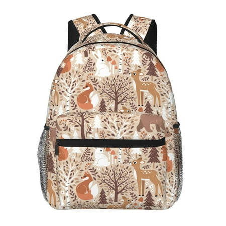 Ratiio Woodland Animals in Neutral Tones Print Eco-Friendly Casual Backpack, Water-Resistant Polyester Canvas Daypack with Smooth Zippers, Comfortable & Durable Travel Bag with Laptop Compartment
