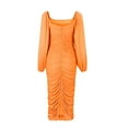 thumbnail image 5 of Cathalem Long Sleeve Wedding Dress Women's Long Puff Sleeve Ruched Bodycon Dress Square Neck Mesh Cocktail Party Midi Dresses (Orange,XL), 5 of 8