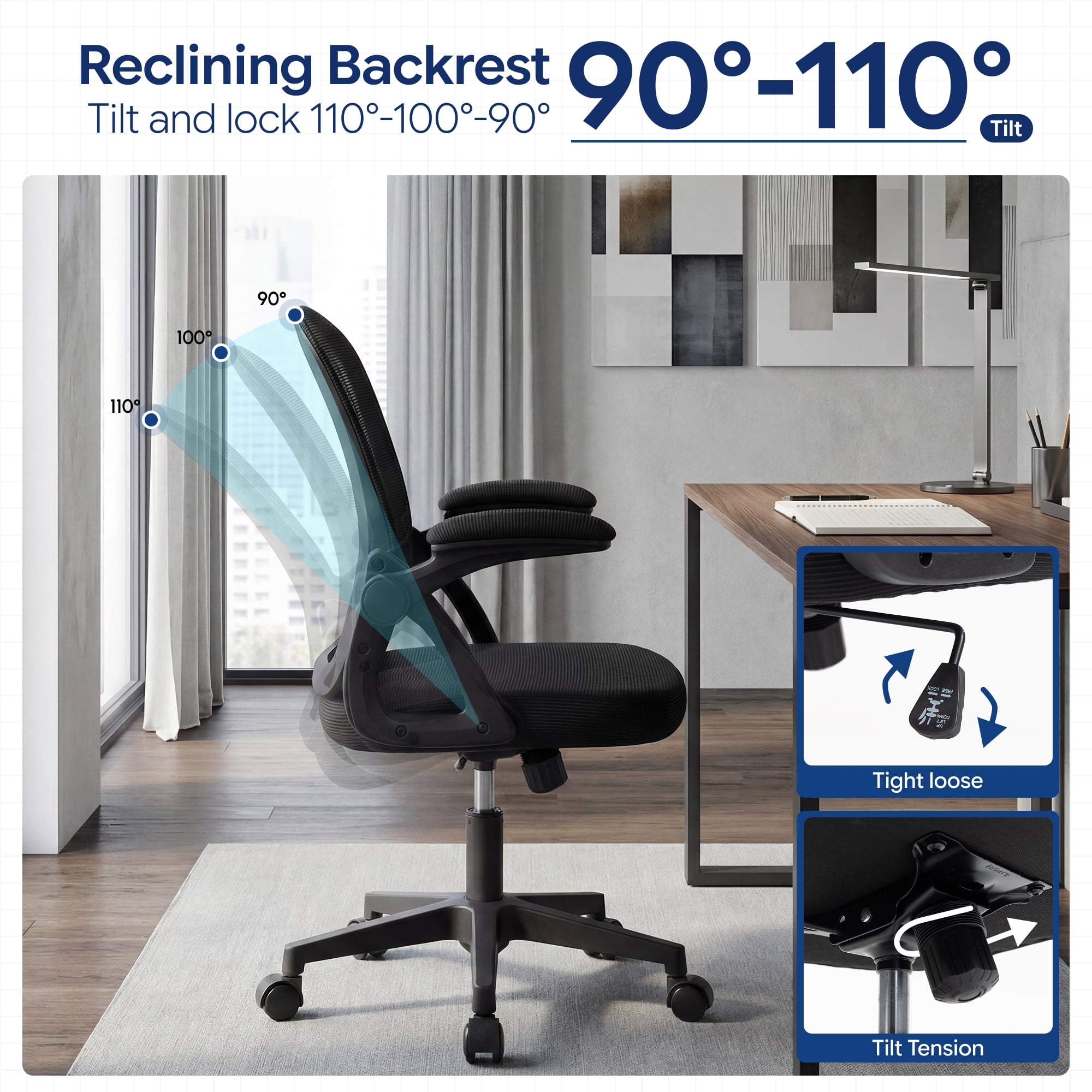Ultifit Ergonomic Mesh Office Chair, Computer Desk Chair, Flip-Up Arms, Reclining, Rocking, Height Adjustment, Swivel, Black, 300 lbs