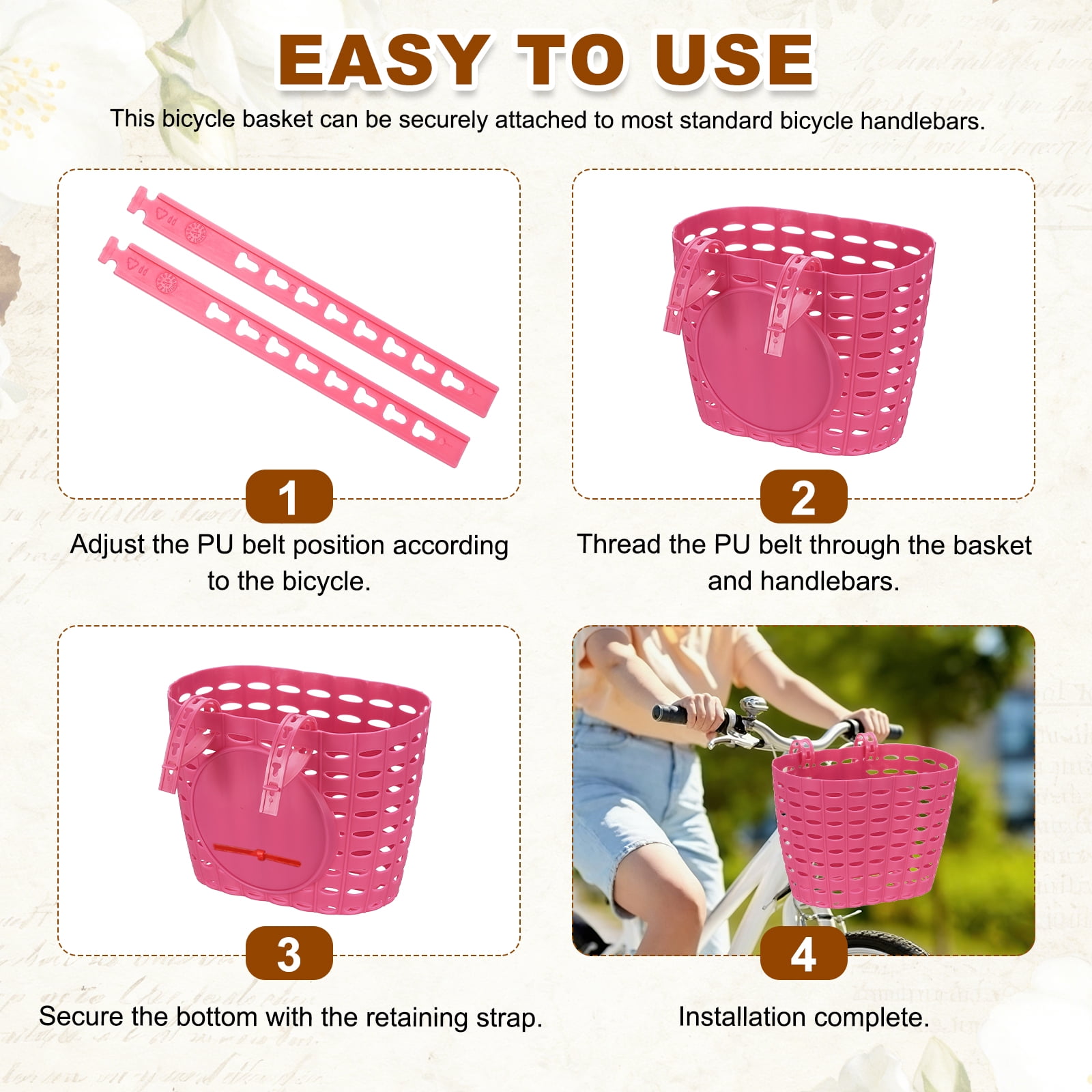 Uxcell Bike Basket, Plastic Bicycle Basket Adjustable Front Baskets with 2 Adjustment Buckles Unisex Strong Load 7.7 x 5.1 x 5.9" & Fuchsia-Fitting For(Most Bikes/Tricycle/Scooters)