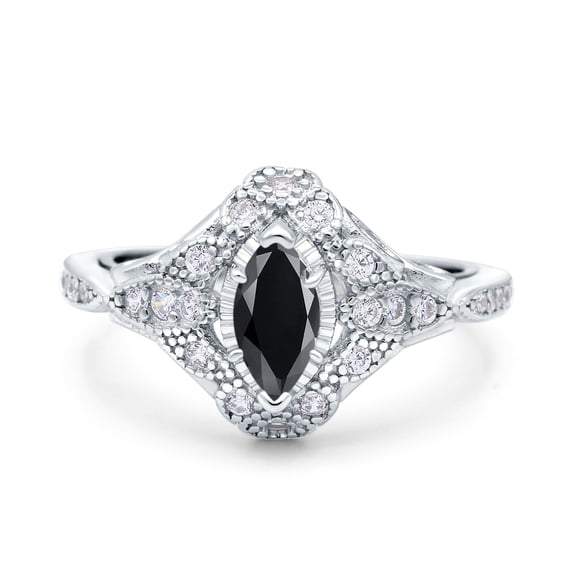 Art Deco Marquise Accent Engagement Ring Black CZ 925 Sterling Silver Size 5