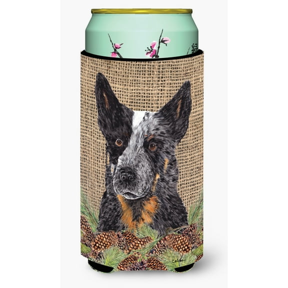 Australian Cattle Dog Faux Burlap and Pine cones Tall Boy Hugger