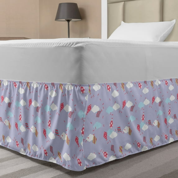 Kites Bed Skirt, Ornate Kites with Flowers Spirals Wavy Stripes Stars Clouds Ribbons on Lilac Sky, Elastic Bedskirt Dust Ruffle Wrap Around for Bedding Decor, 4 Sizes, Multicolor, by Ambesonne