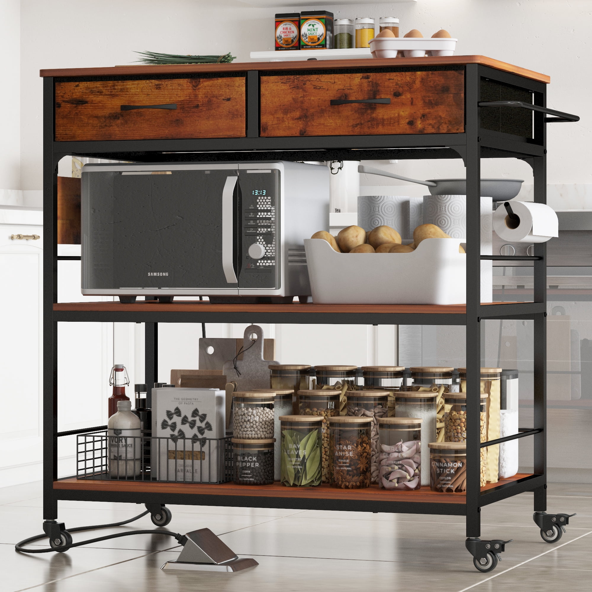 Chnnmbrn Wood Kitchen Island Brown Rolling Cart with Power Outlet Microwave rack