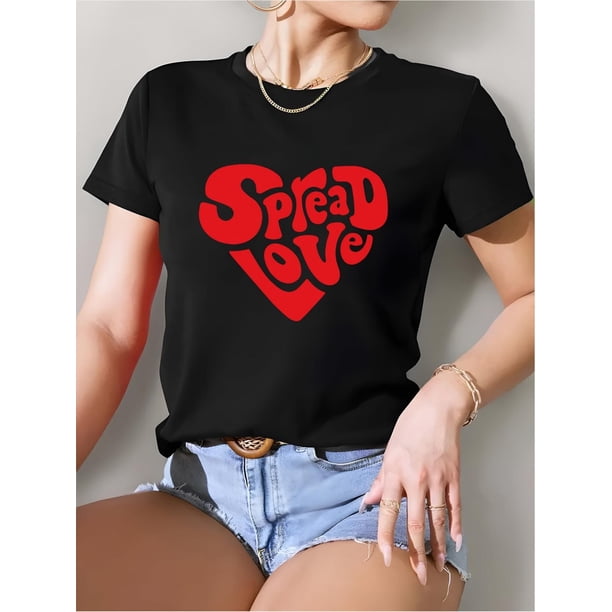 Spread Love Heart Pattern T-shirt Women'S High Quality round Neck T-shirt-180g women'S T-shirt with interesting prints, Valentine'S Day gift, New Year gift
