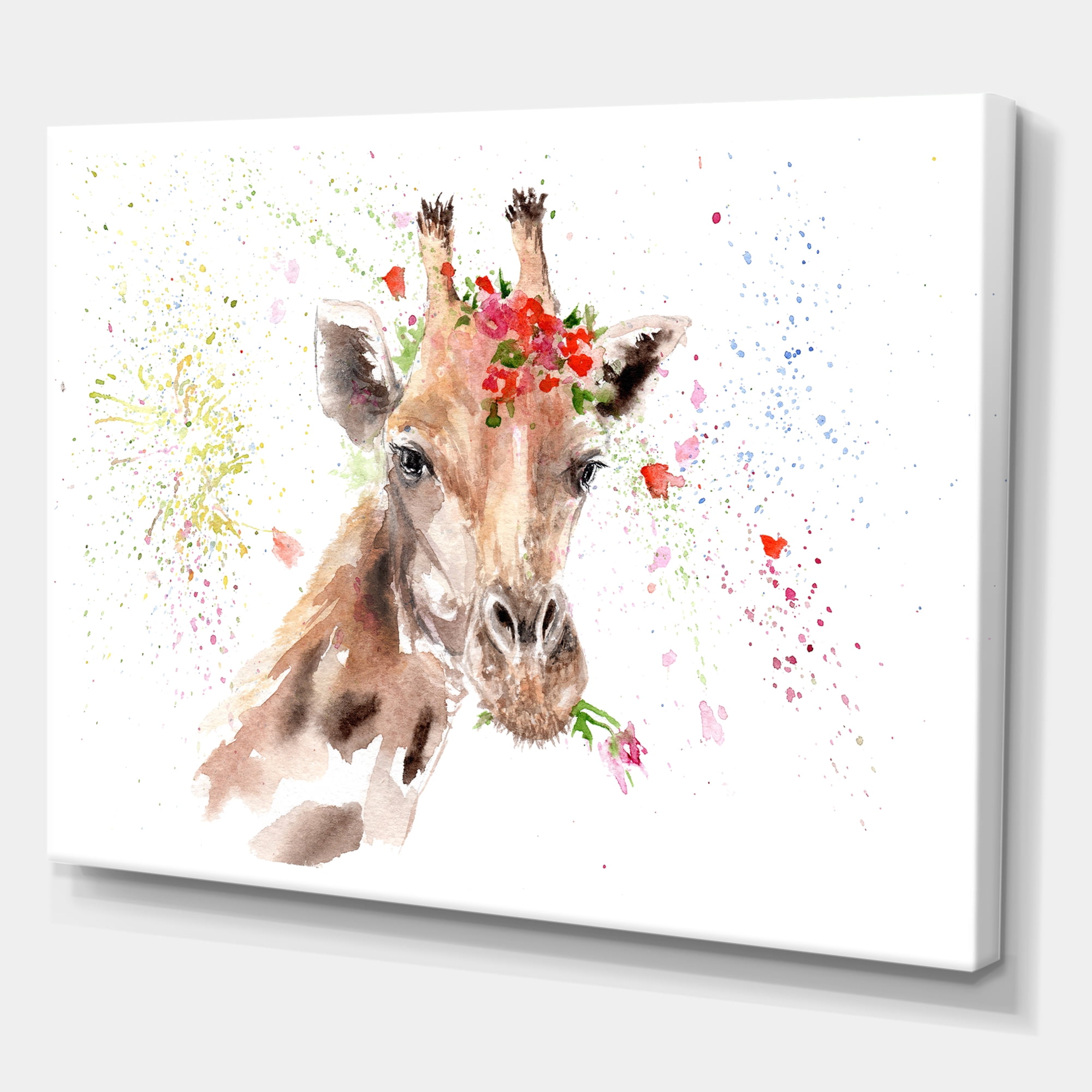 Designart ' Portrait of A Giraffe With Red Flowers II ' Farmhouse Canvas Wall Art Print