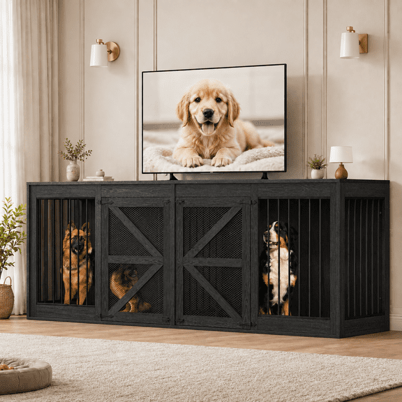 Nordee 94.5” Double Dog Crate Furniture for 2 Large Dogs, Wooden Dog Cage Extra Large Breed with Divider & Solid Metal Tube,Black