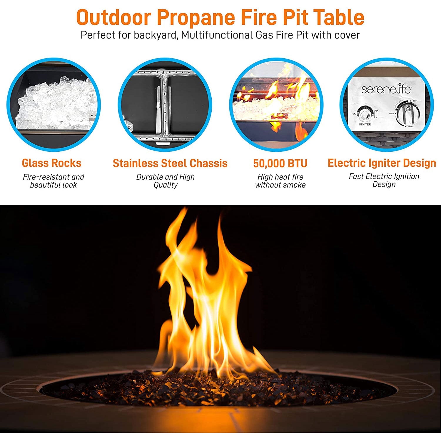 Serenelife Outdoor Rattan Propane Fire Pit Table with Glass Guard, Black