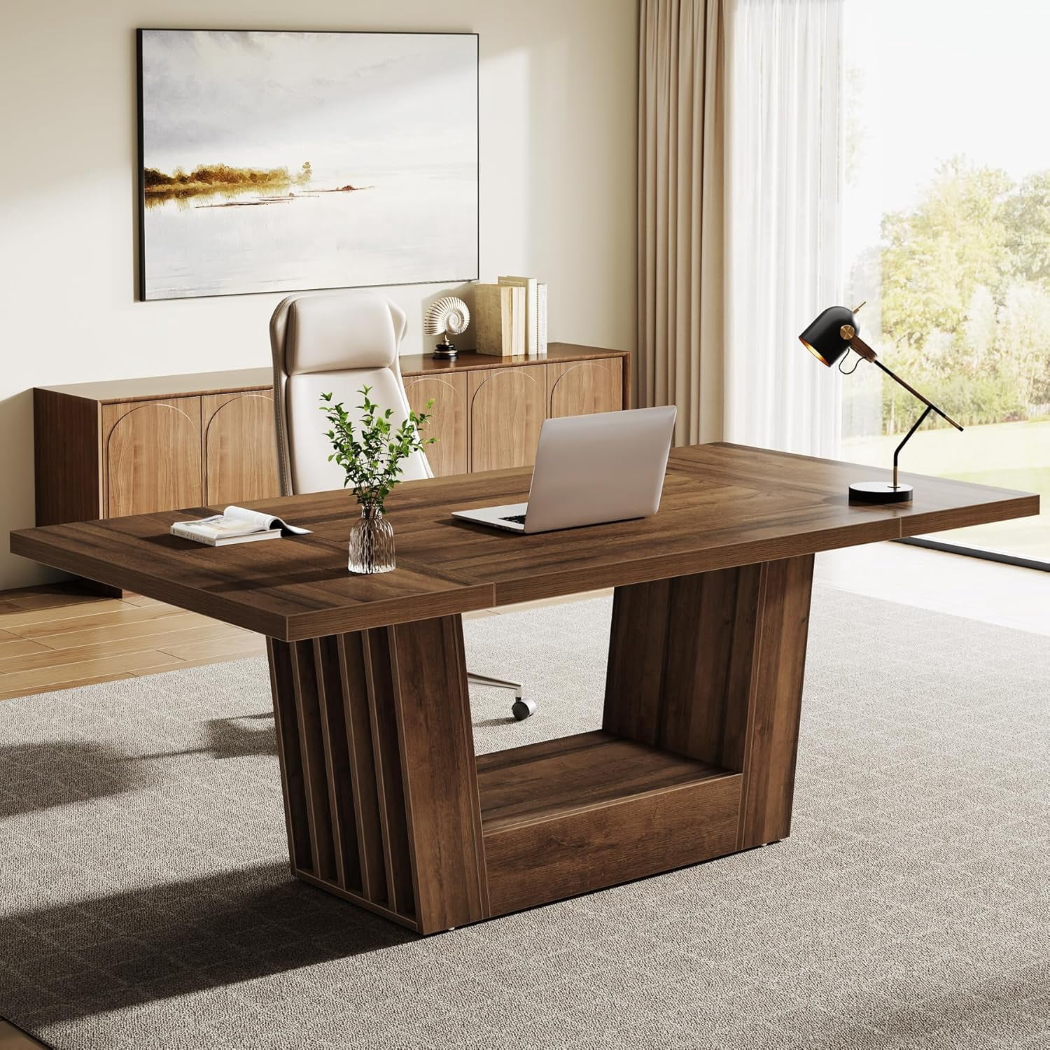 Finmind 63" Executive Desk, Modern Computer Desk with Robust Base for Home Office, Walnut Brown