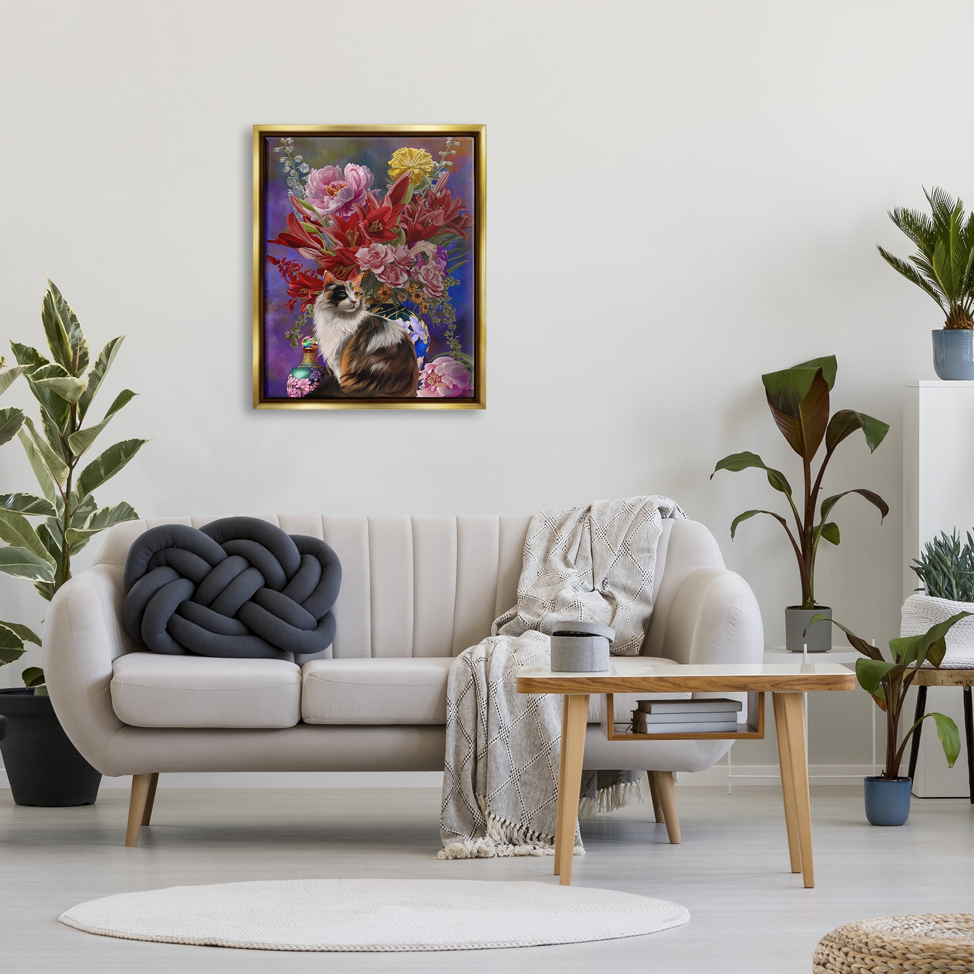Stupell Industries Cat & Flower Chinoiserie Botanical & Floral Painting Gold Floater Framed Canvas Art Print Wall Art, 25 x 31