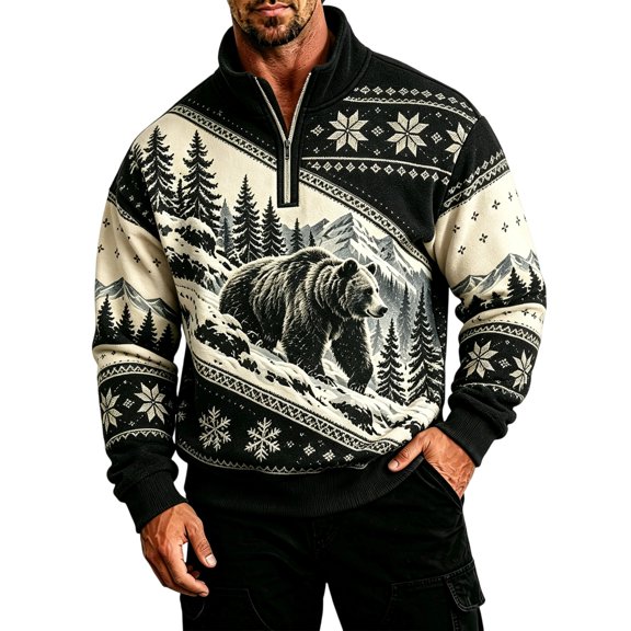 Men's Quarter Zip Mock Neck Sweatshirt Western Bear Print Long Sleeve Pullover Casual Outdoor Hunting Top Warm Athletic Sweatshirt Black L