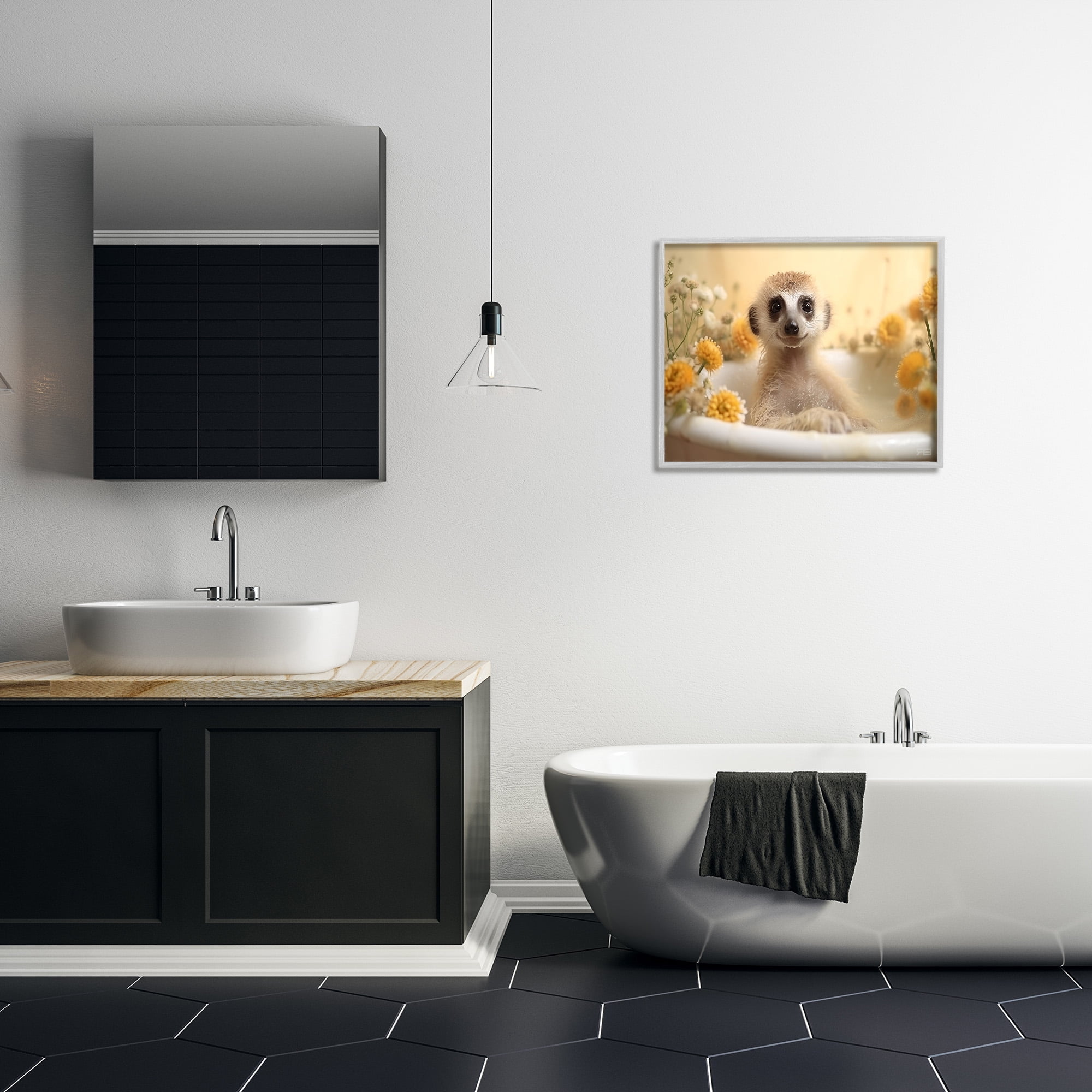 Stupell Industries Meerkat & Floral Bath Animals & Insects Painting Gray Framed Art Print Wall Art, 30 x 24