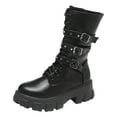 thumbnail image 3 of Womens Mid Calf Motorcycle Riding Combat Boots Punk Studded Buckles Leather Chunky Platform Tall Boots with Side Zipper Black Size 8.5, 3 of 4