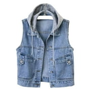 YM YOUMU Women Sleeveless Denim Vest with Detachable Hoodie Tops
