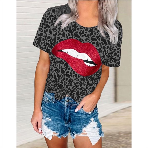 Women's Lip Printings Leopard Print Round Neck Short Sleeve T-shirt Top