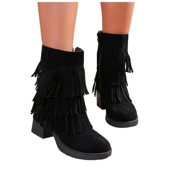 Fringe Cowgirl Boots for Women 2025 Black Winter Fall Suede Round Toe Long Tassel Platform Chunky Heel Mid Calf Dress Short Booties