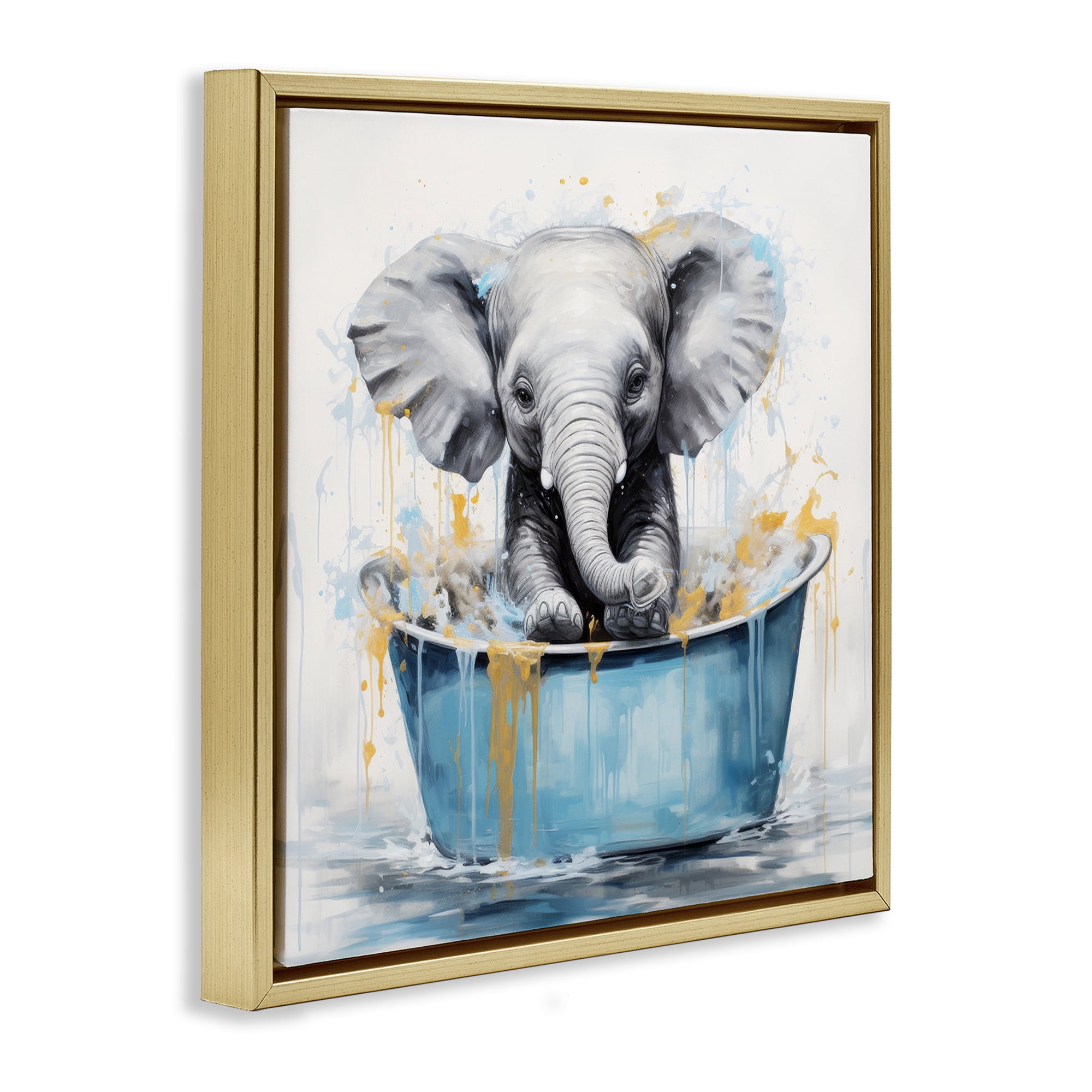 Stupell Industries Bathing Baby Elephant Typography Painting Gold Floater Framed Canvas Art Print Wall Art, 25 x 25