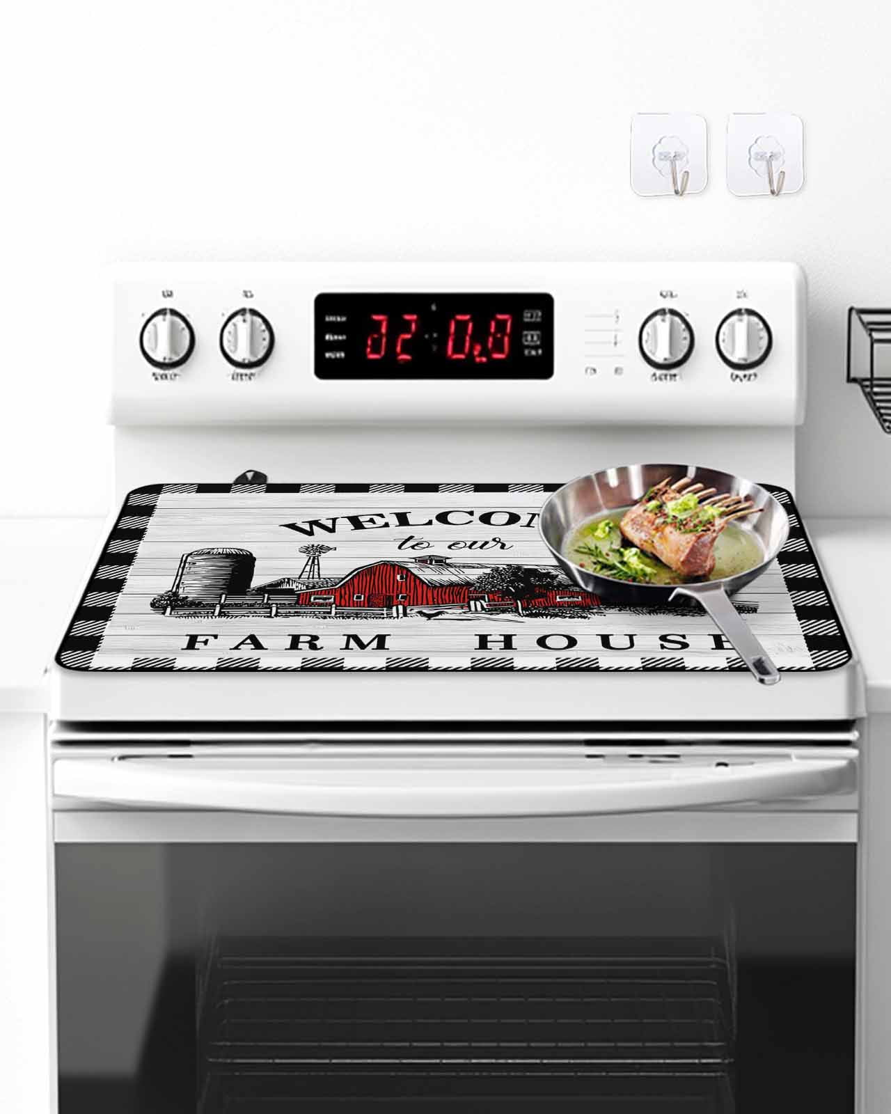 Stove Top Covers for Electric Stove, Farmhouse Cabin Kitchen Glass Ceramic Electric Cooktop Covers 28.5"x20.5", Country Vintage House Wood Grain Pliad HeatResistant Oven/Countertop Protector